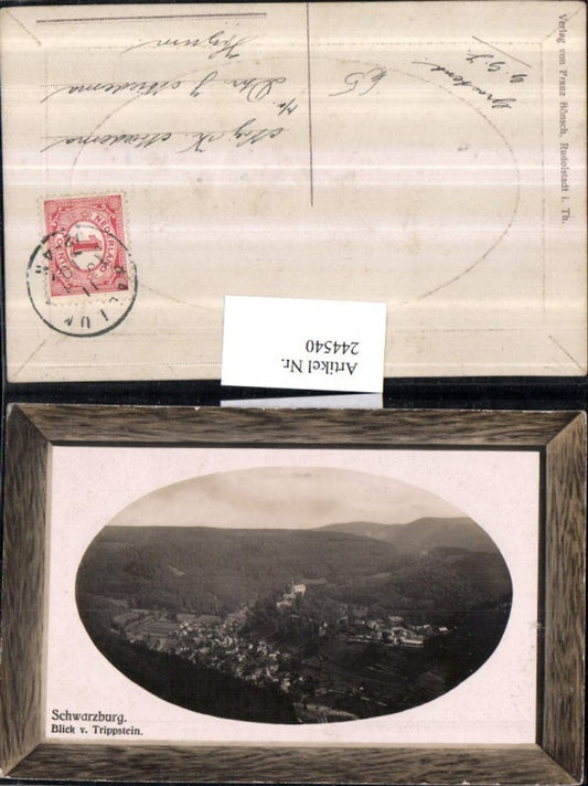 244540, Passepartout embossed postcard, Schwarzburg, total view from Trippstein