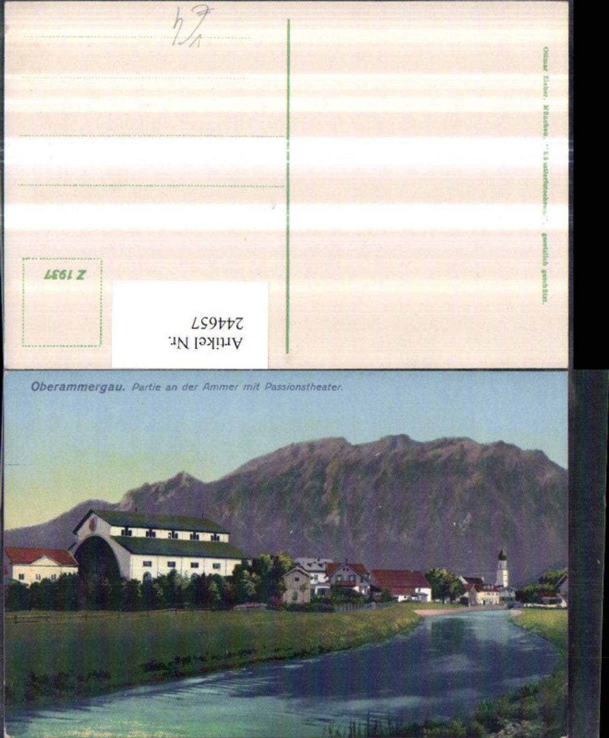 244657,Oberammergau Teilansicht Partie an d. Ammer m. Passionstheater pub Ottmar Zieher 1937
