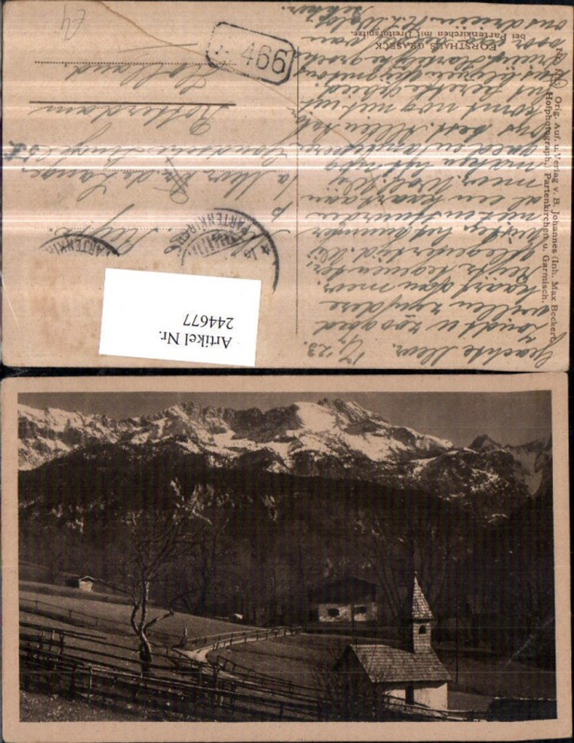 244677,Forsthaus Graseck Kirche b. Partenkirchen m. Dreitorspitze