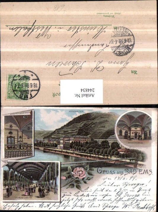 244834,Litho AK Gruß aus Bad Ems Kurgarten Keselbrunnen Wandelbahn Krähnchenbrunnen Mehrbildkarte