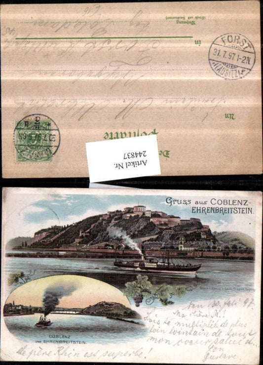 244837,Litho AK Gruß aus Koblenz-Ehrenbreitstein Totale Dampfer Mehrbildkarte