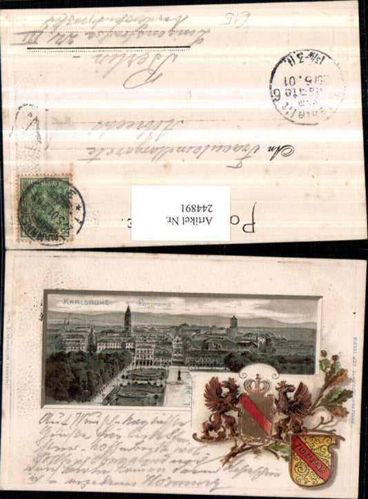 244891, embossed lithograph postcard Karlsruhe total panorama coat of arms lion crown oak leaf