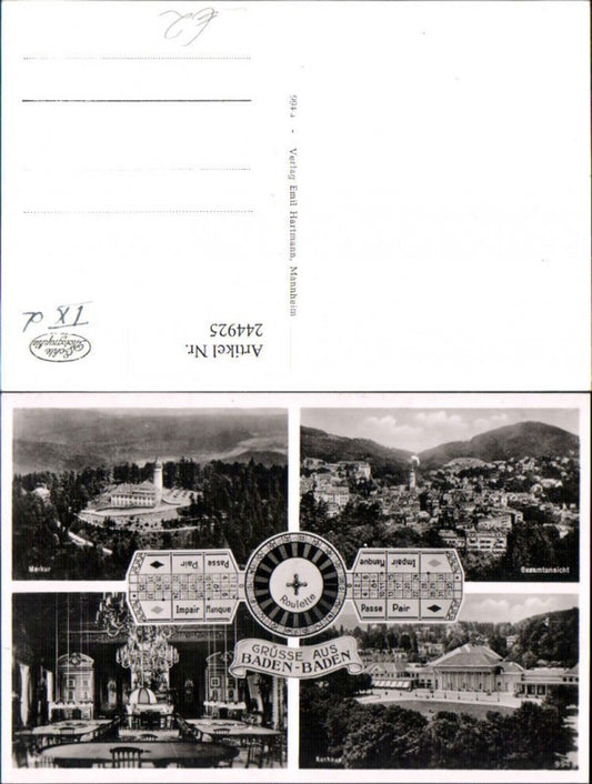 244925, Greetings from Baden-Baden, Total view of the Merkur Kurhaus dining room, Multi-view postcard