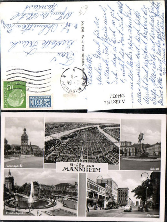 244927, Greetings from Mannheim. View of Paradeplatz, Palace with Monument, Planken, Friedrichsplatz, Fountain. Multi-view postcard.