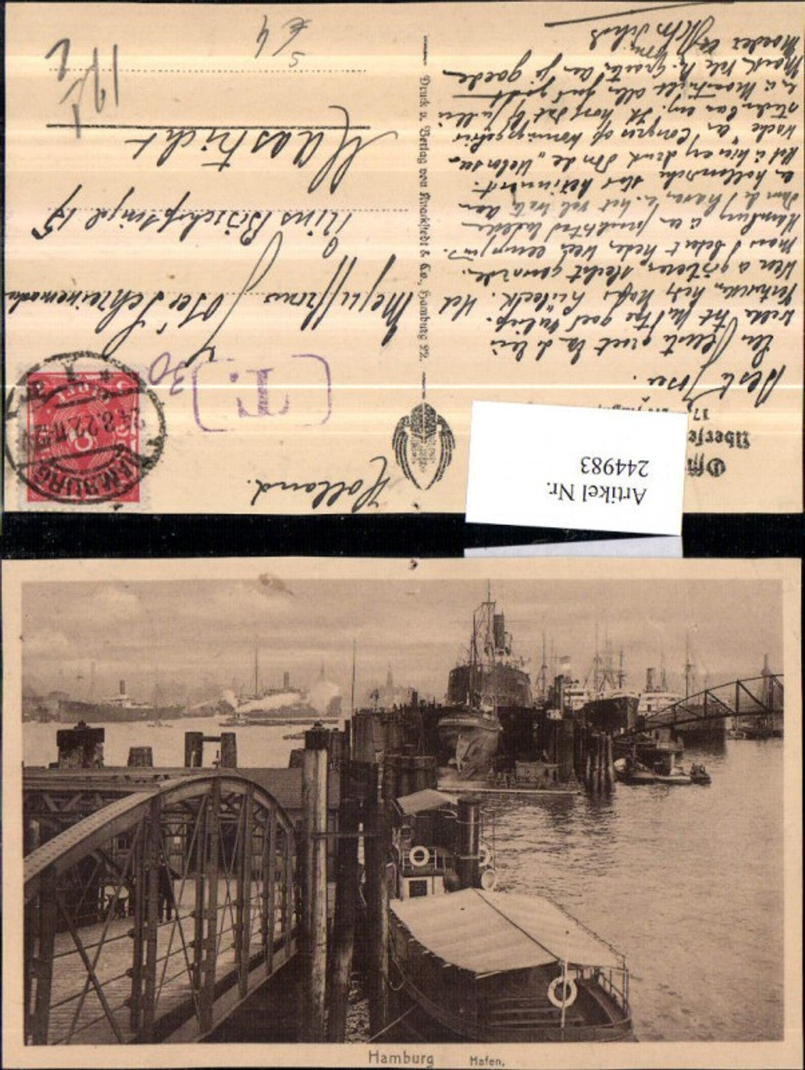 244983,Hamburg Hafen Dampfer Schiffe Boote Offizielle Postkarte Übersee-Woche 1922 Stempel