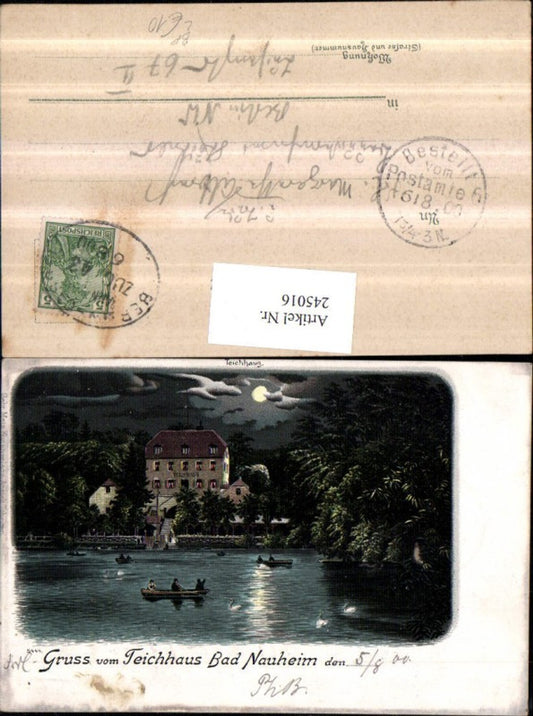 245016,Litho AK Gruß vom Teichhaus Bad Nauheim Mondschein Bahnpost Zug 43