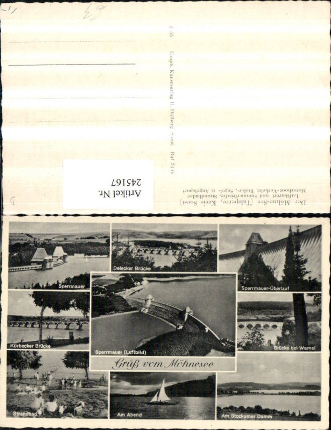 245167,Gruß vom Möhne-See Sperrmauer Strandbad Brücke Segelboot Stockumer Damm Mehrbildkarte