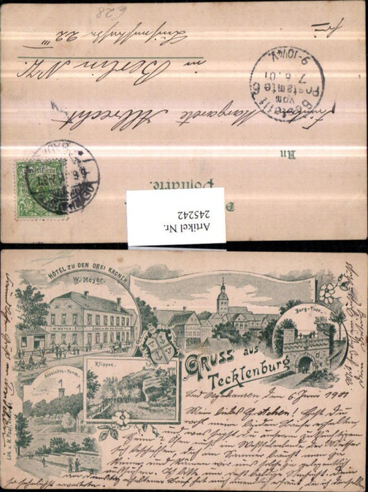 245242,Litho AK Gruß aus Tecklenburg Burg-Tor Hotel zu den drei Kronen Aussichtsturm Mehrbildkarte