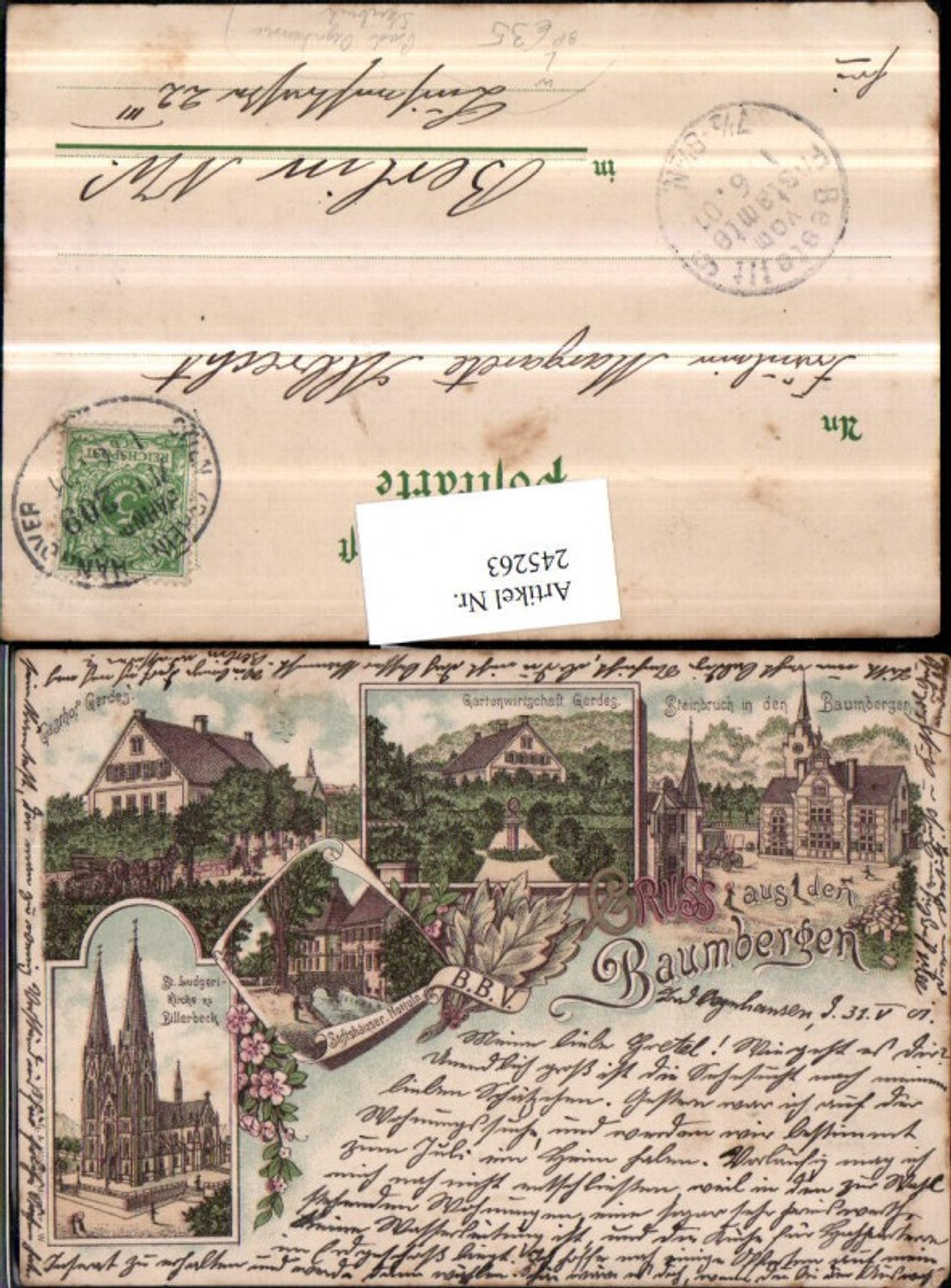 245263,Litho AK Gruß aus d. Baumbergen b. Bad Oeynhausen Steinbruch Gasthof Kirche Bahnpost Zug 209