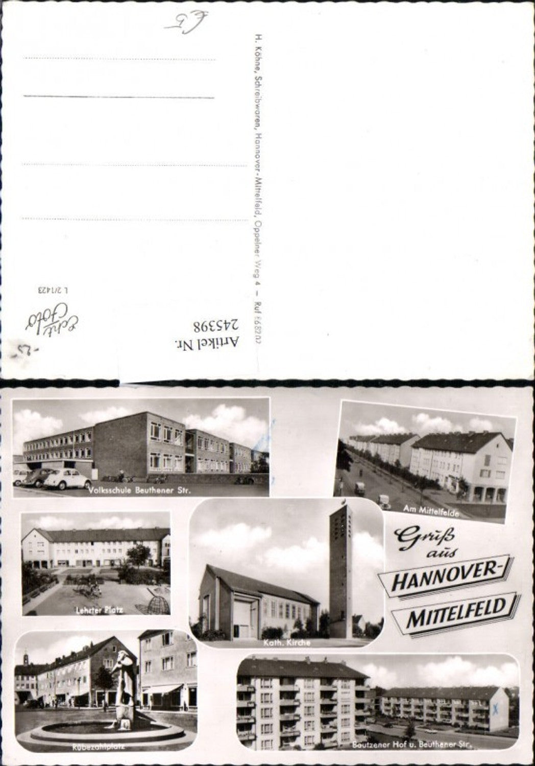 245398,Gruß aus Hannover Mittelfeld Volksschule Lehrter Platz Kirche Rübezahlplatz Mehrbildkarte