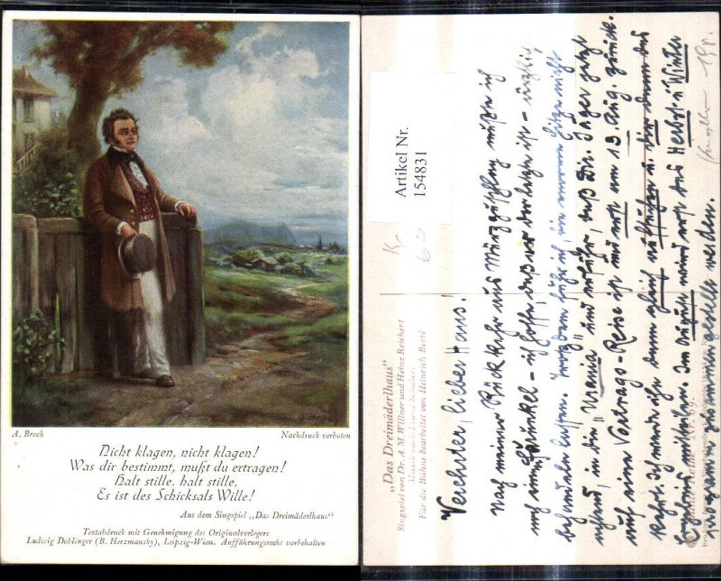 154831,Künstler Ak A. Broch Franz Schubert Dreimäderlhaus Liedkarte