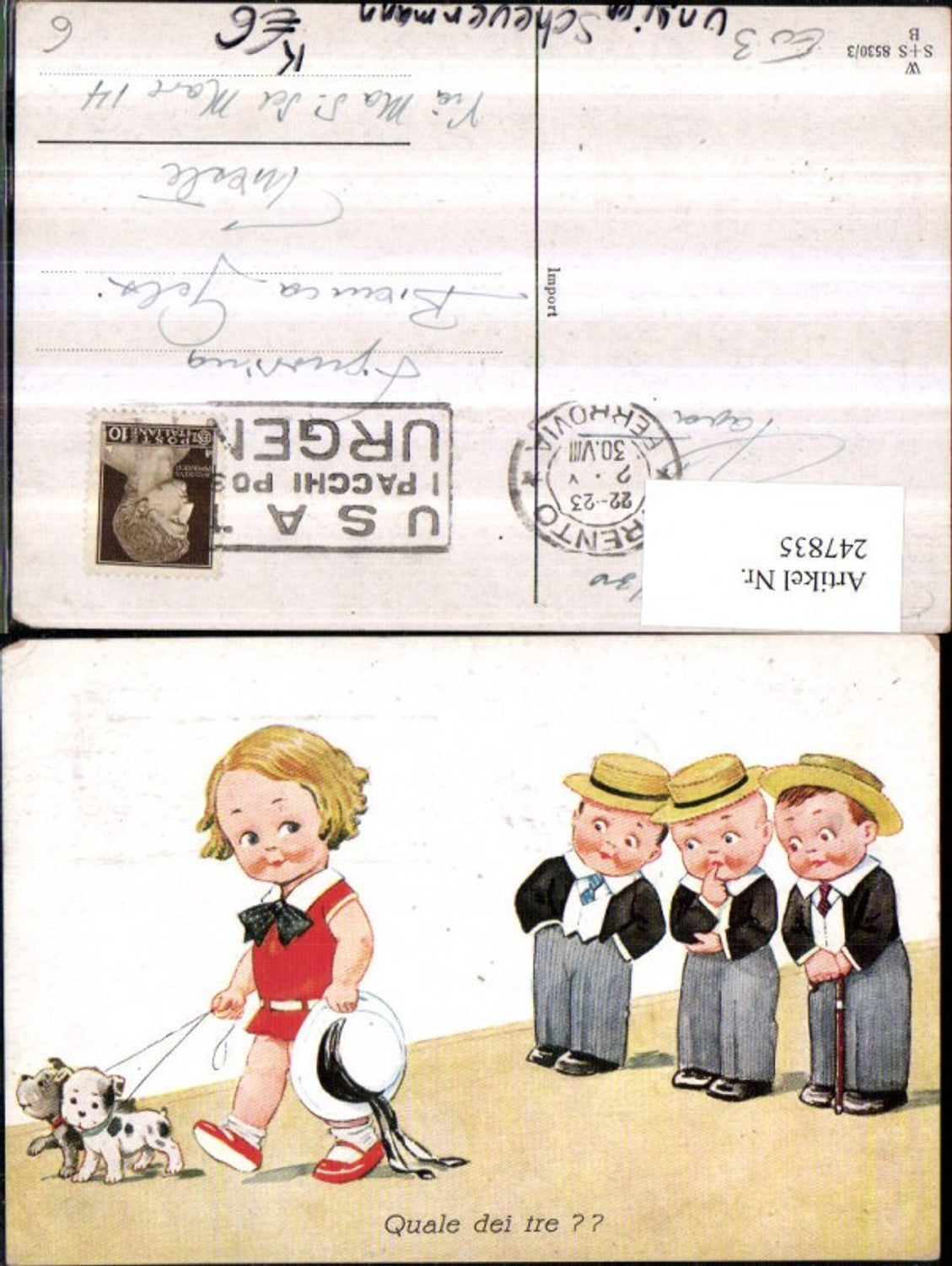 247835,Künstler AK Willi Scheuermann John Wills Quale d tre Kinder Jungs schauen Mädchen hinterher Hut Hunde
