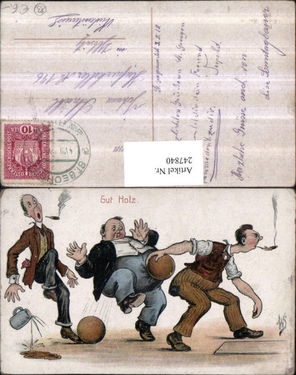 247840, Artist AK Willi Scheuermann John Wills Good Wood Men bowling Beer mug falls down Cigarette