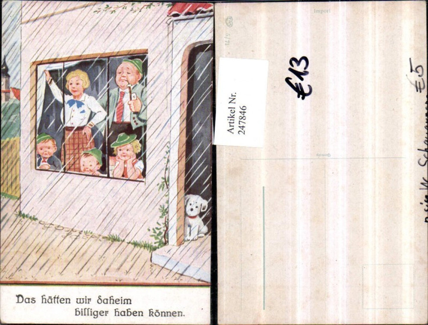 247846,Künstler AK Willi Scheuermann John Wills Das hätten wir daheim billiger haben können Familie steht v. Fenster