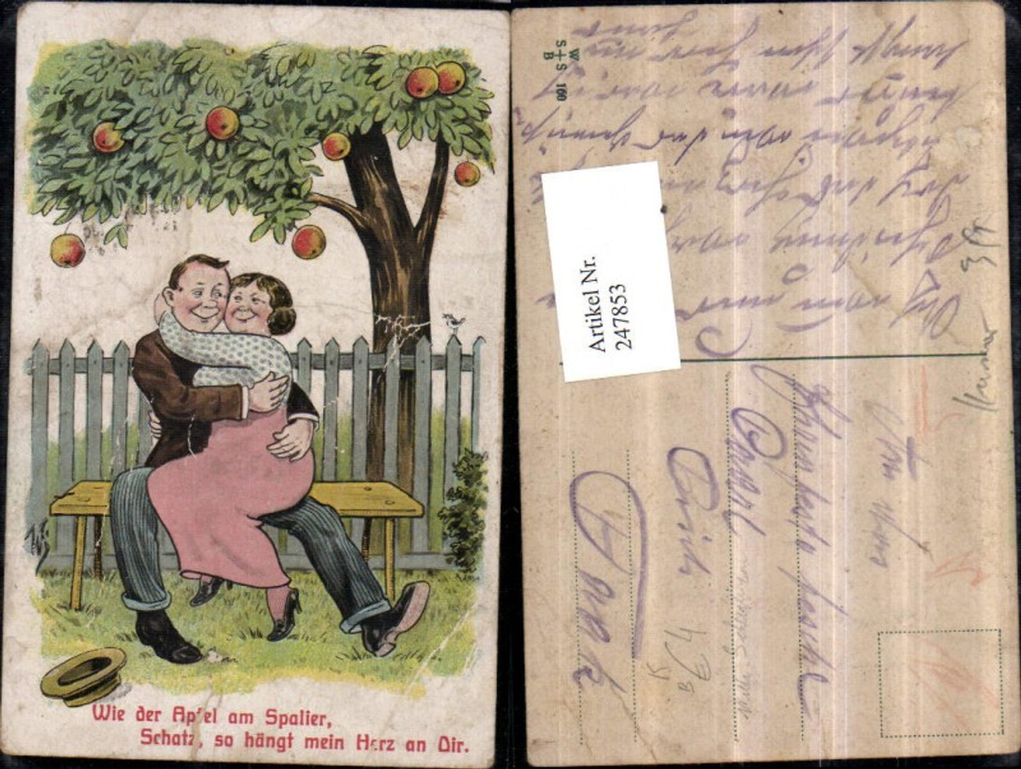 247853, Artist AK Willi Scheuermann John Wills Man and Woman Holding Each Other in Their Arms Apple Tree Hat Fence
