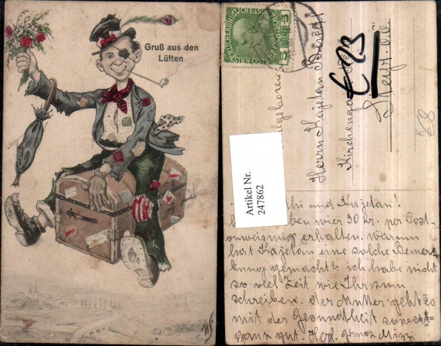 247862,Künstler AK Willi Scheuermann John Wills Humor Gruß aus d. Lüften Mann fliegt auf einer Kiste Schirm Hut Blume