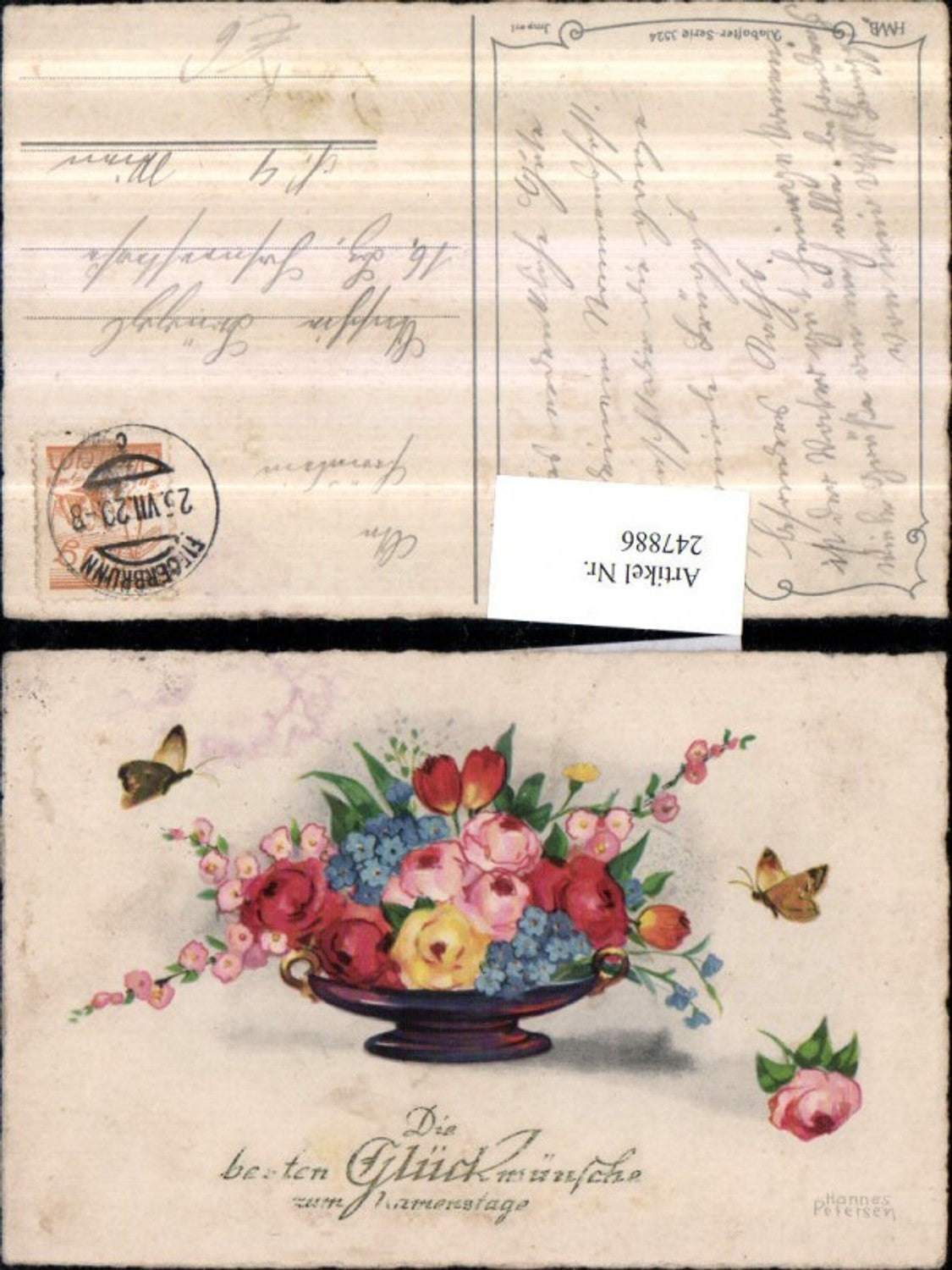 247886, Artist AK Hannes Petersen Name Day Flowers Roses Tulips Forget-me-nots Butterflies pub HWB 3524