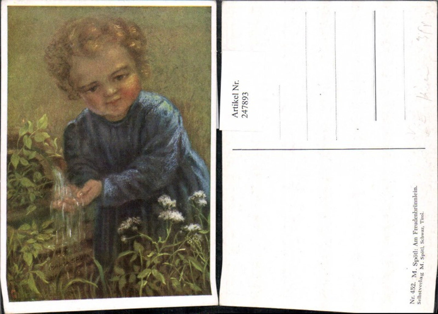 247893,Künstler AK M. Spötl 452 Am Freudenbrünnlein Kind Wasser