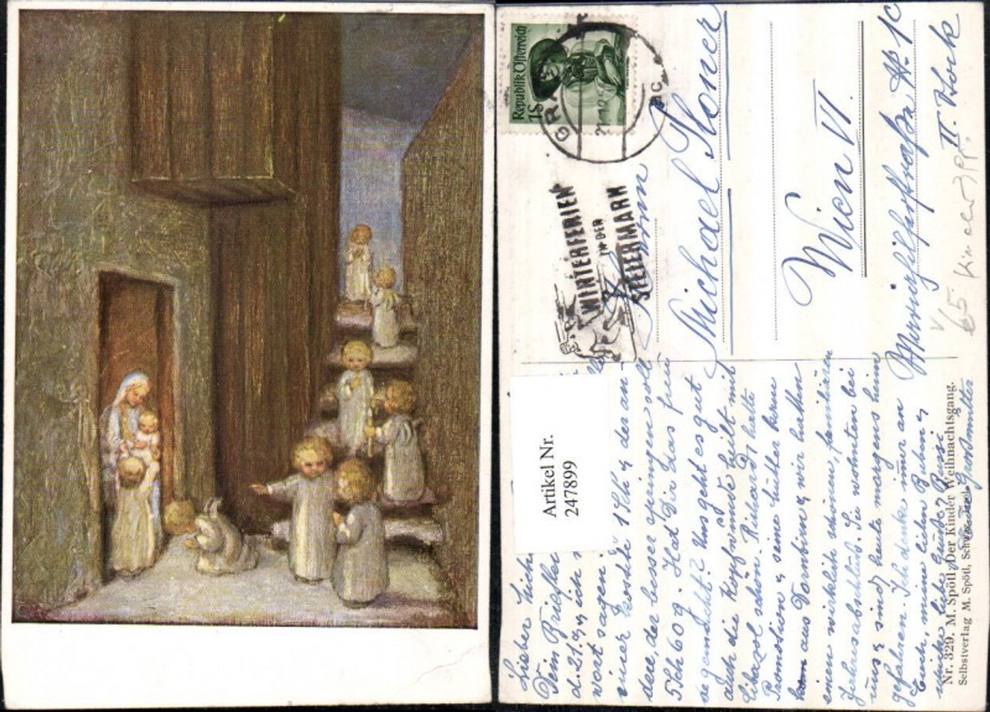 247899, Artist AK M. Spötl 329 The Children's Christmas Walk Angels Candles Staircase