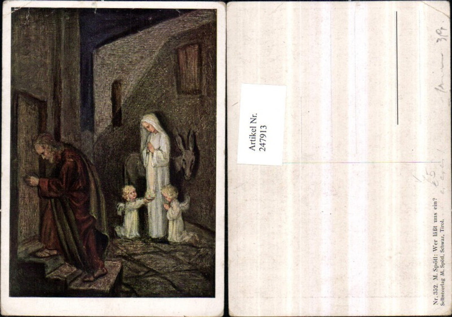 247913,Künstler AK M. Spötl 352 Wer lässt uns ein Maria u. Josef Engel Kerze