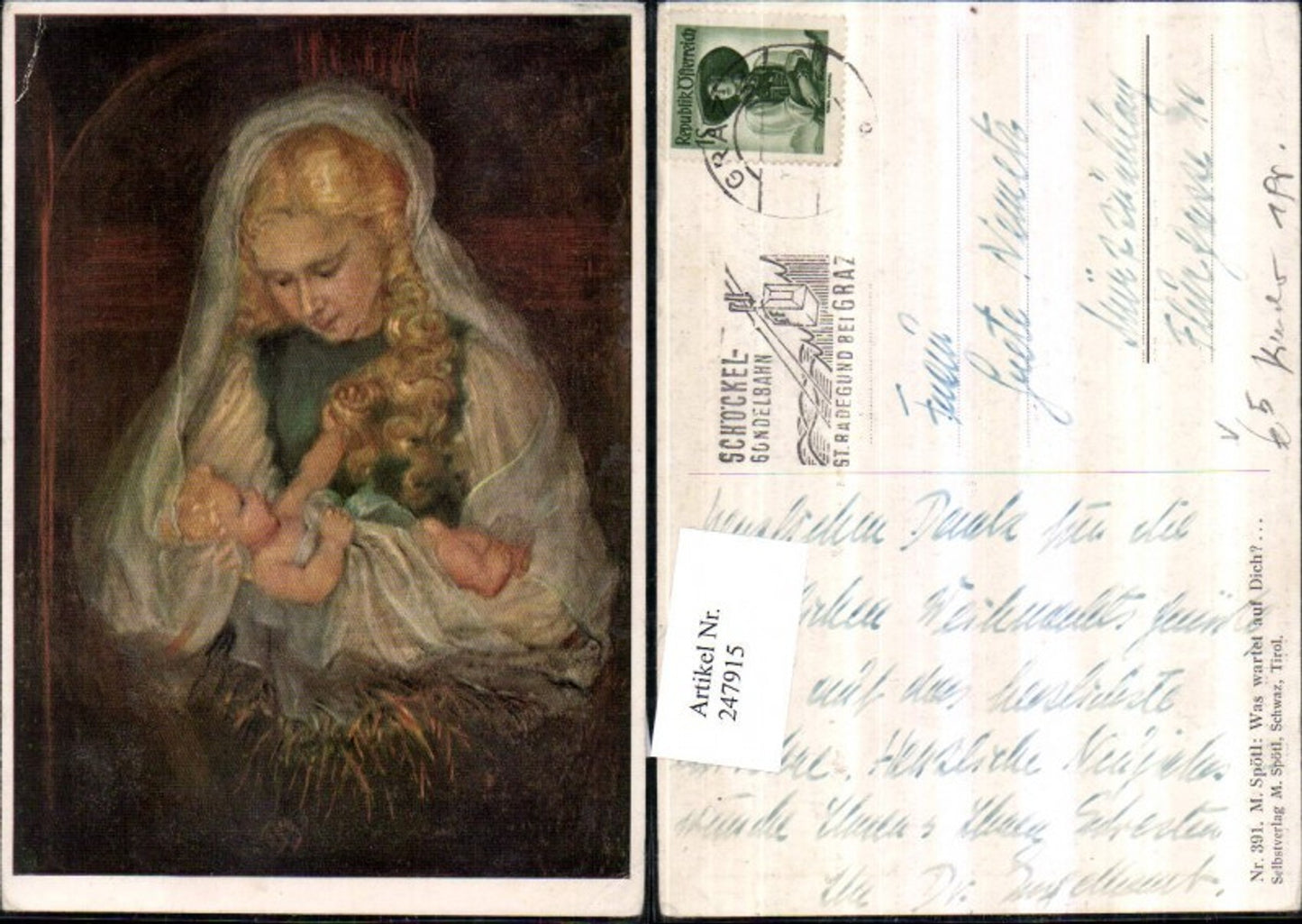 247915,Künstler AK M. Spötl 391 Was wartet auf dich Maria m. Jesuskind