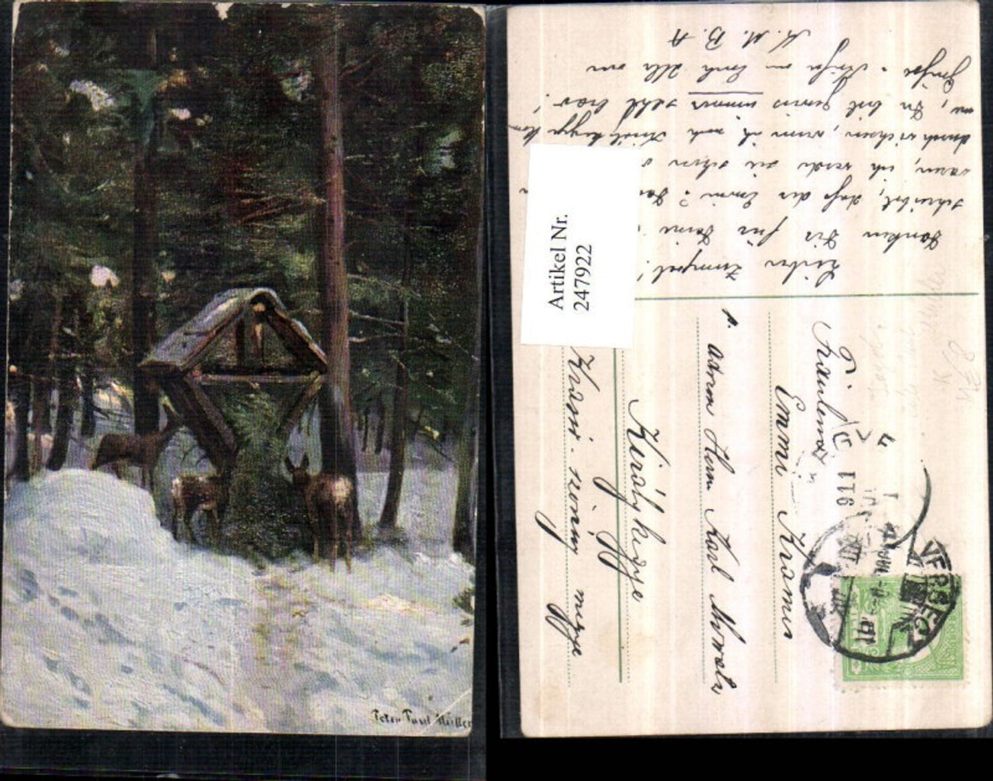 247922,Künstler AK Peter Paul Müller Jagd Rehe Futterstelle