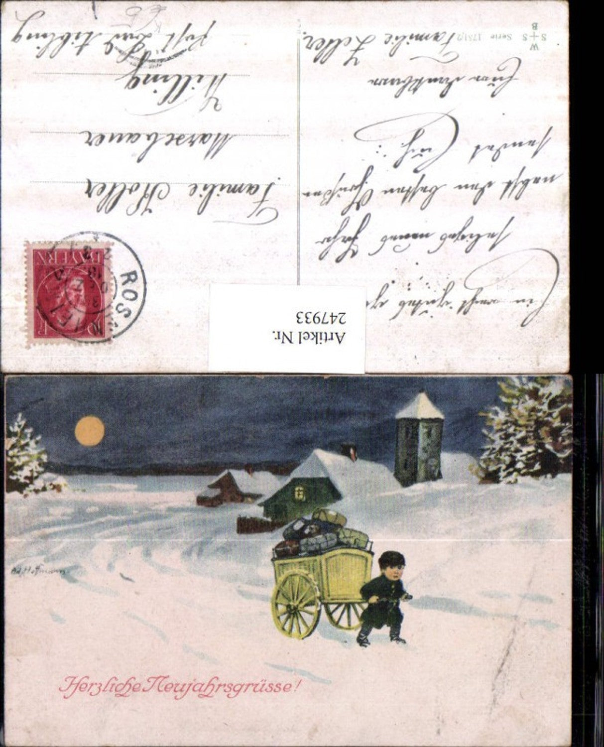 247933,Künstler AK Ad. Hoffmann Neujahr Kind m. Ziehwagen Geschenke Dorf Winterbild Mond