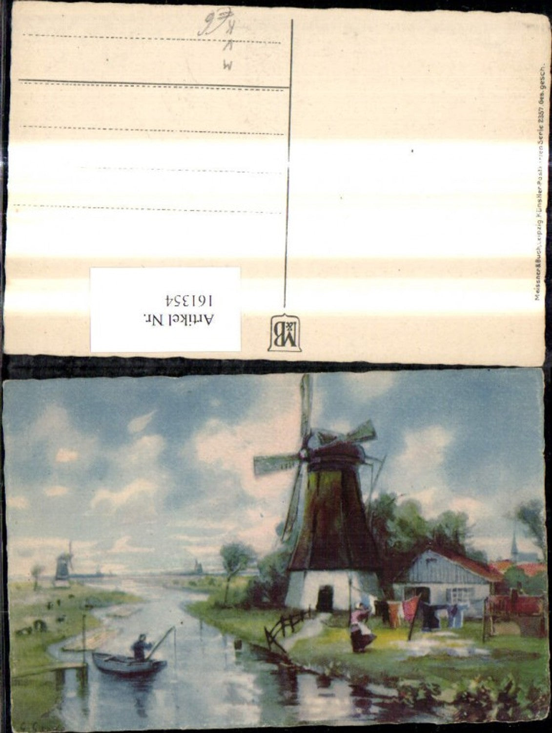 161354,Künstler Ak Windmühle Fischer Angler Ruderboot Boot Frau b. Wäscheleine pub Meissner & Buch 2357