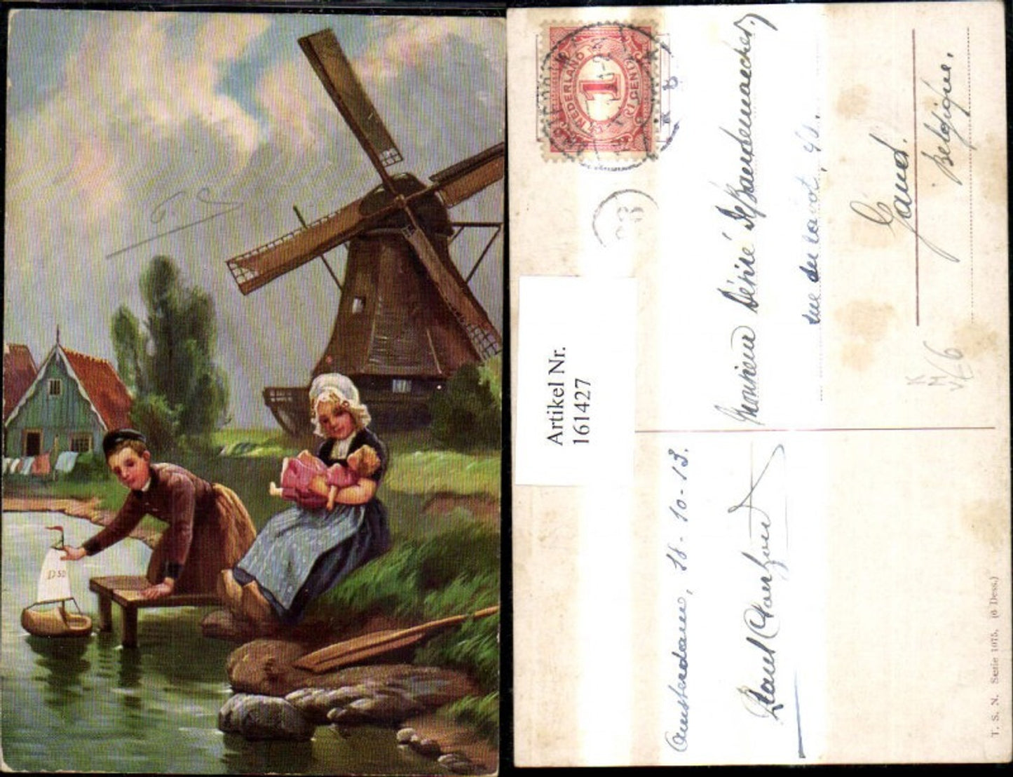 161427,Künstler Ak Windmühle Kinder spielen m. Spielzeug Segelboot Puppe pub Theo Stroefer 1075