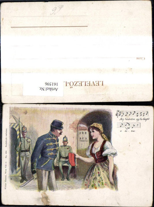 161596,Künstler Ak Frau Tracht Männer Soldaten Uniform Lied Notenzeile Text
