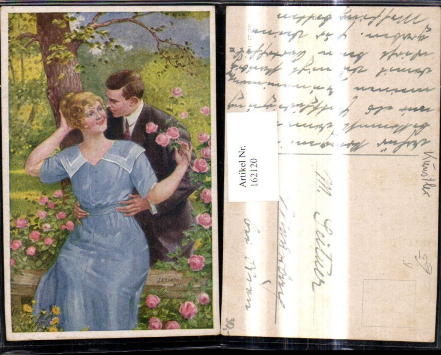 162120,Künstler Ak J. Kränzle Paar b. Bank Liebe Rosen