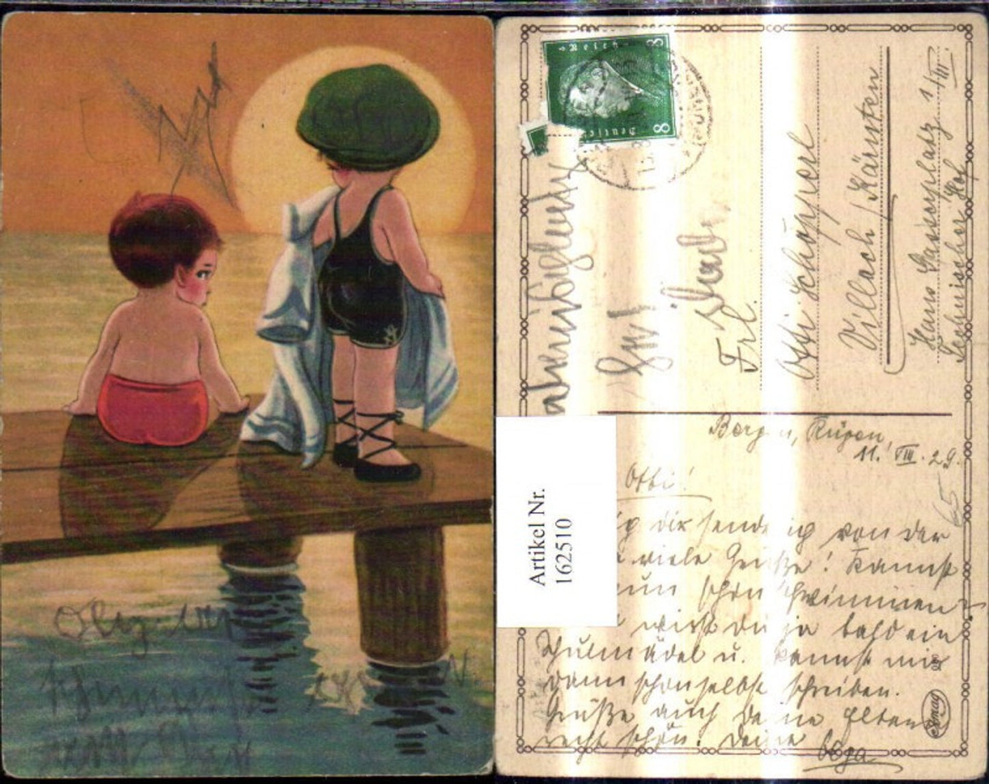 162510,Künstler Ak Kinder a. Badesteg Handtuch Bademode Sonnenuntergang