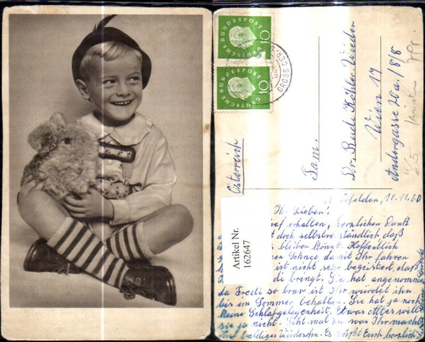 162647,Foto Ak Kind Bub Junge m. Plüschhasen Hasen Spielzeug Tiroler Hut