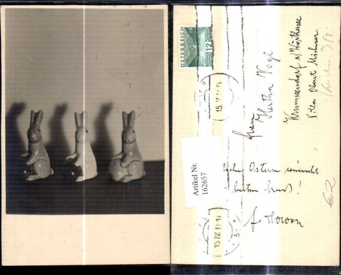 162657,Foto Ak Spielzeughasen Hasen a. Keramik m. Ostereier Eier Ostern