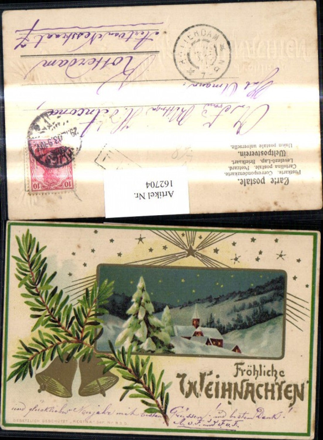 162704, embossed lithograph Christmas winter village fir branch bells pub Regina 93b