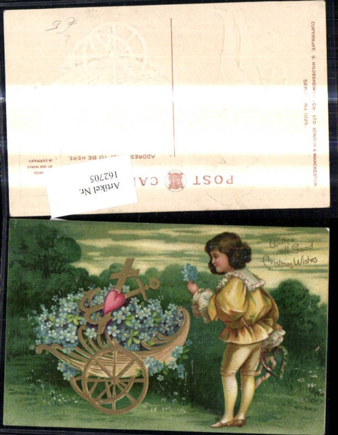 162705, Embosser Lithograph Boy with Wagon, Cross, Heart, Anchor, Forget-Me-Not, Christmas Wishes
