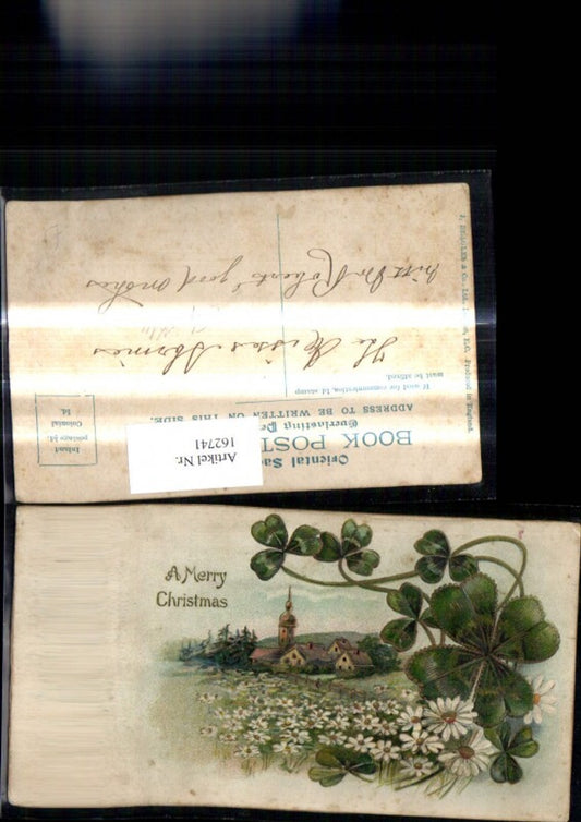 162741, embossed postcard Christmas village flower meadow clover cloverleaf A Merry Christmas
