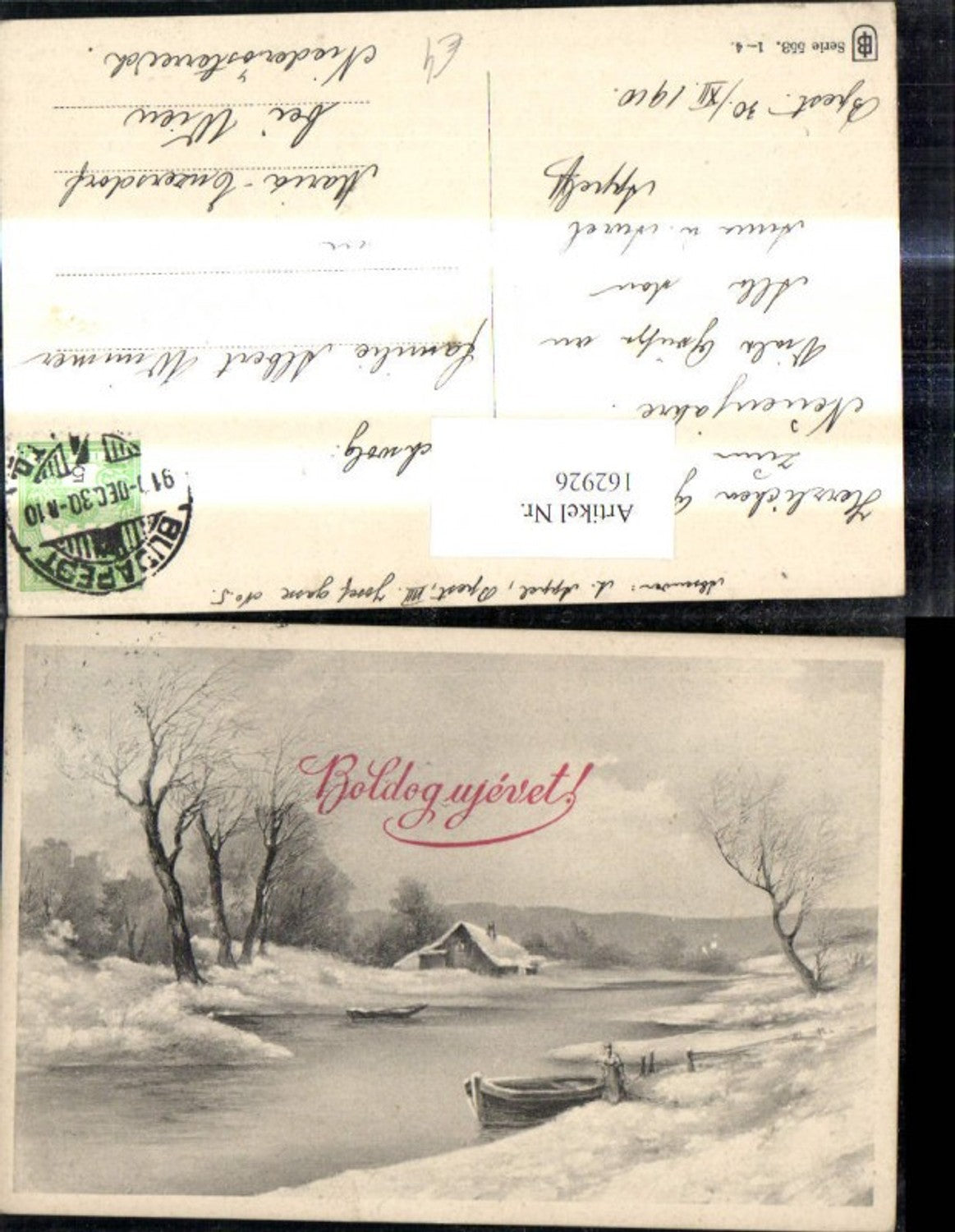 162926, Artist Ak Christmas Winter Landscape Boat Woman on Shore Boldog ujevet