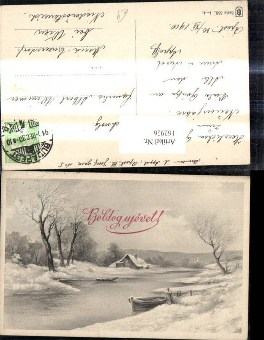 162926, Artist Ak Christmas Winter Landscape Boat Woman on Shore Boldog ujevet