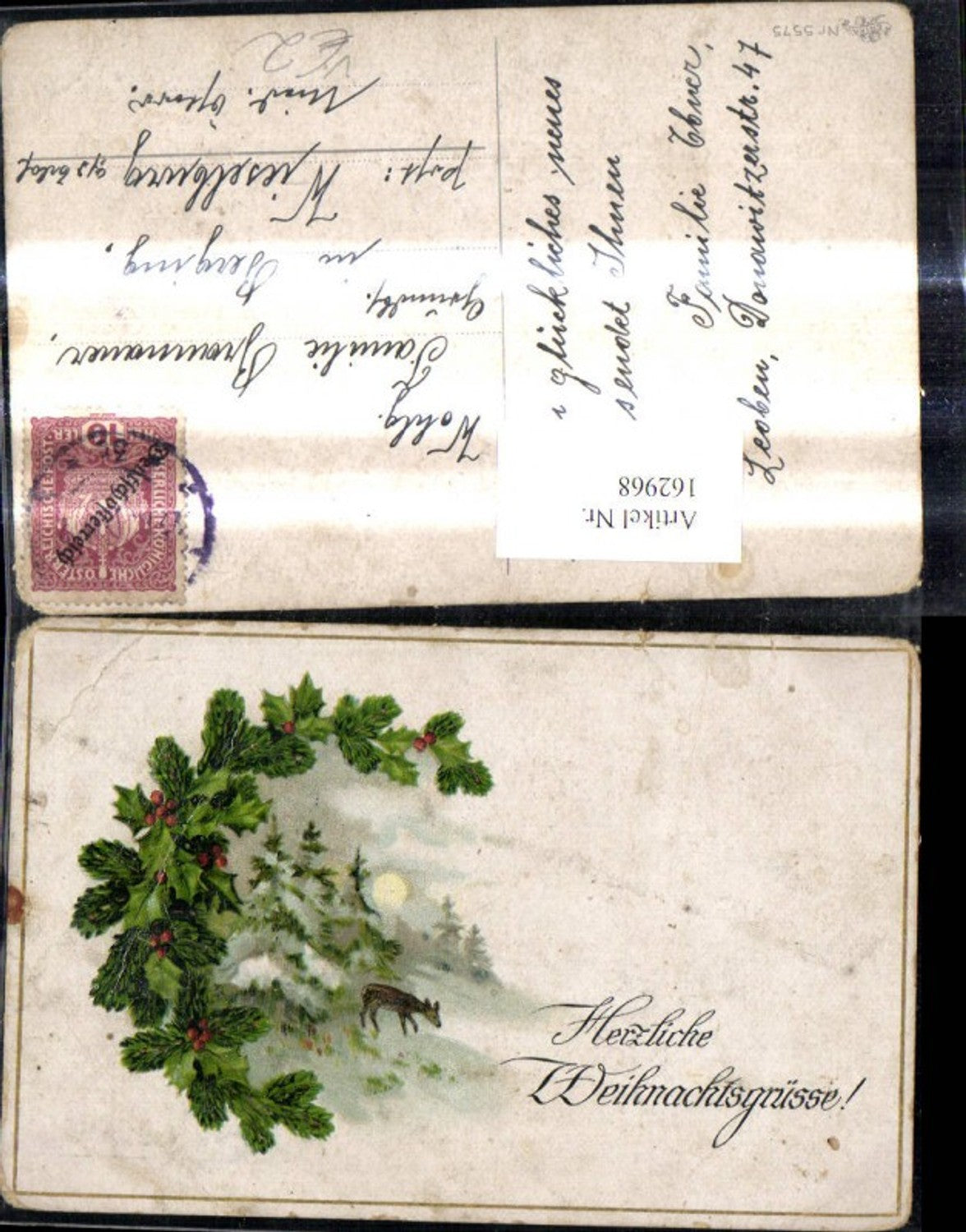 162968, Artist Ak Christmas Deer Wild Winter Forest Wreath with fir and holly branches pub Erika 5575