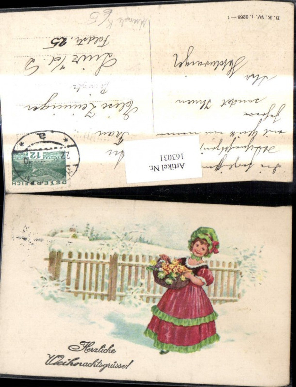 163031, Artist AK Christmas Girl Woman with flower basket by fence Winter landscape