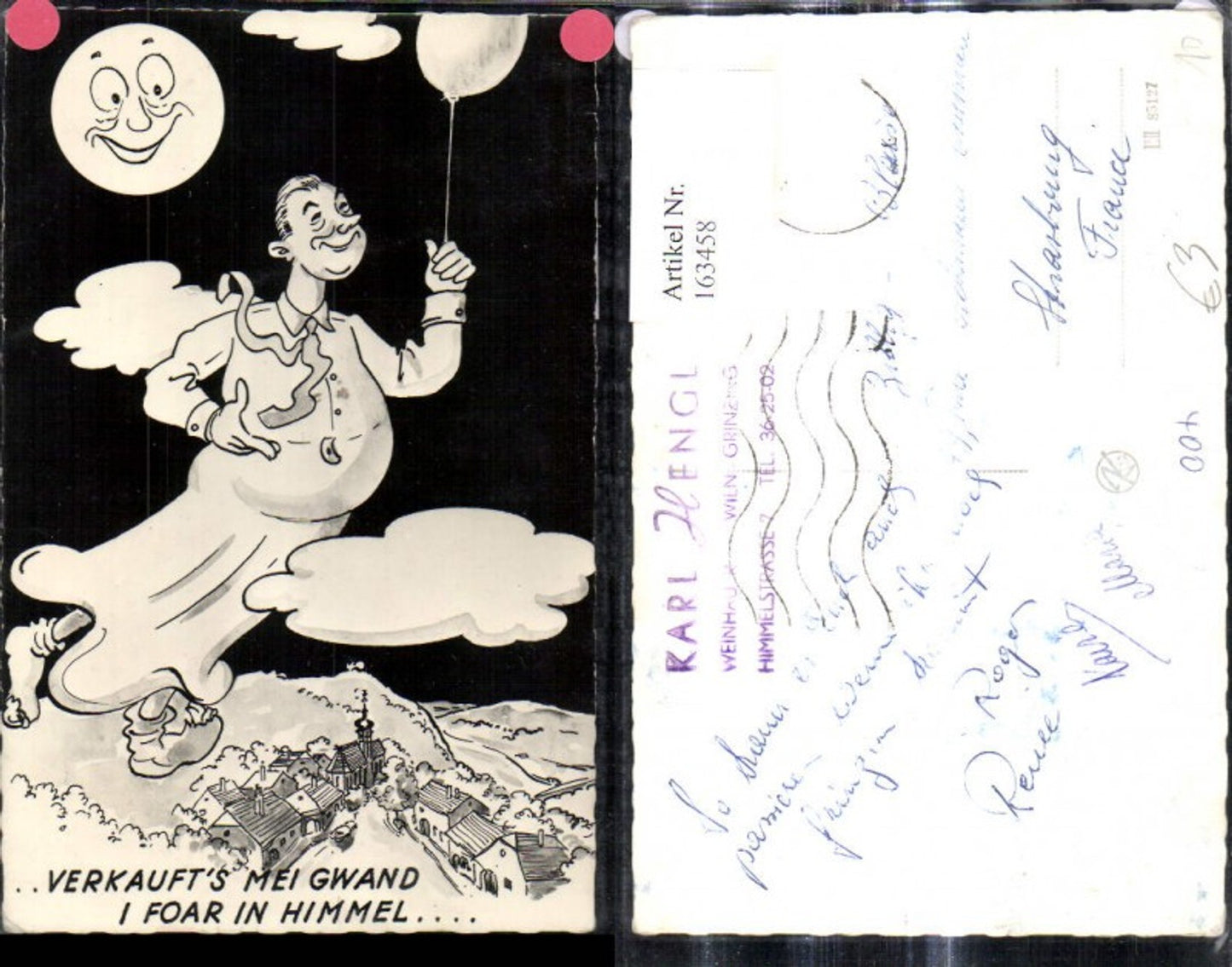 163458,Künstler Ak Mann Wolken Mondgesicht Verkauft mein Gwand i fahr i Himmel Spruch Scherz Humor