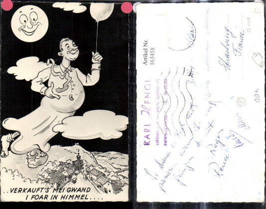 163458,Künstler Ak Mann Wolken Mondgesicht Verkauft mein Gwand i fahr i Himmel Spruch Scherz Humor