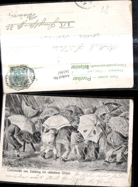 163567,Künstler Ak Menschen m. Regenschirmen Schirme Regen Salzburg Text Scherz Humor pur E. Rennert