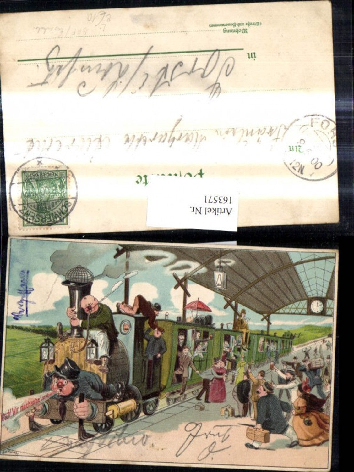 163571,Künstler Litho J. v. Kulas Betrunkene a. Eisenbahn Bahnhof Zug Scherz Humor