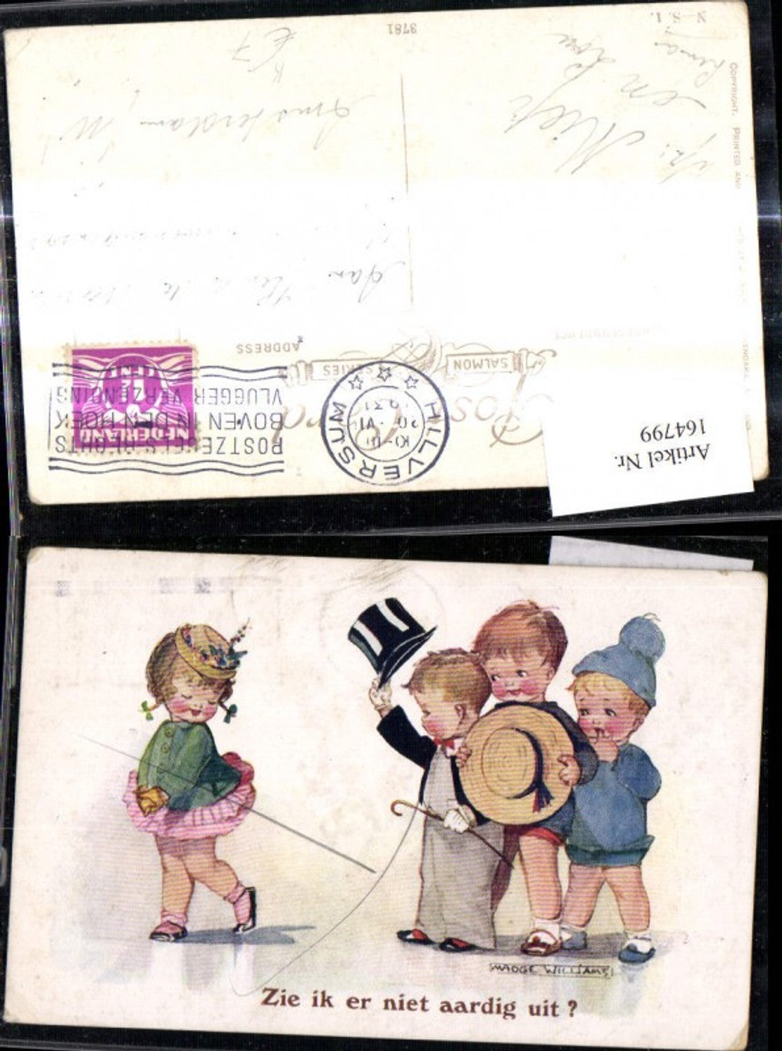 164799,Künstler Ak Madge Williams Mädchen Bub Zylinder Hut Zie ik er niet aardig uit