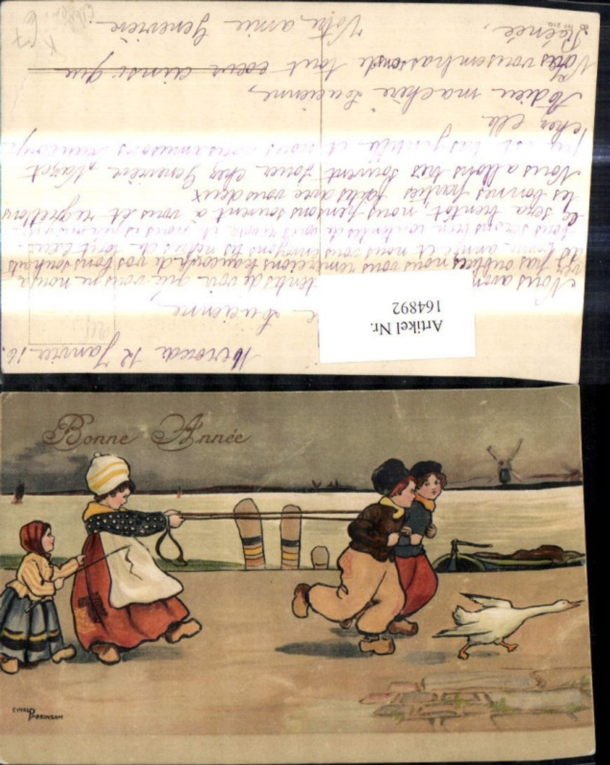 164892,Künstler Ak Ethel Parkinson Kinder Holland laufen hinter Gans her Windmühle Bonne Annee