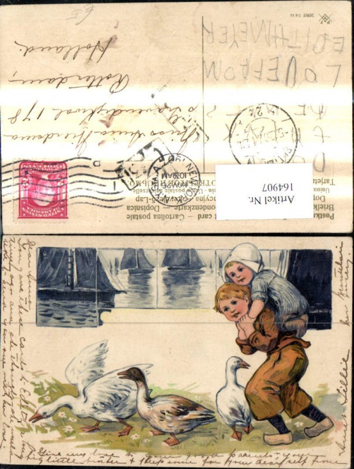 164907,Präge Künstler Ak Kinder Huckepack Gänse Holland Holzschuhe