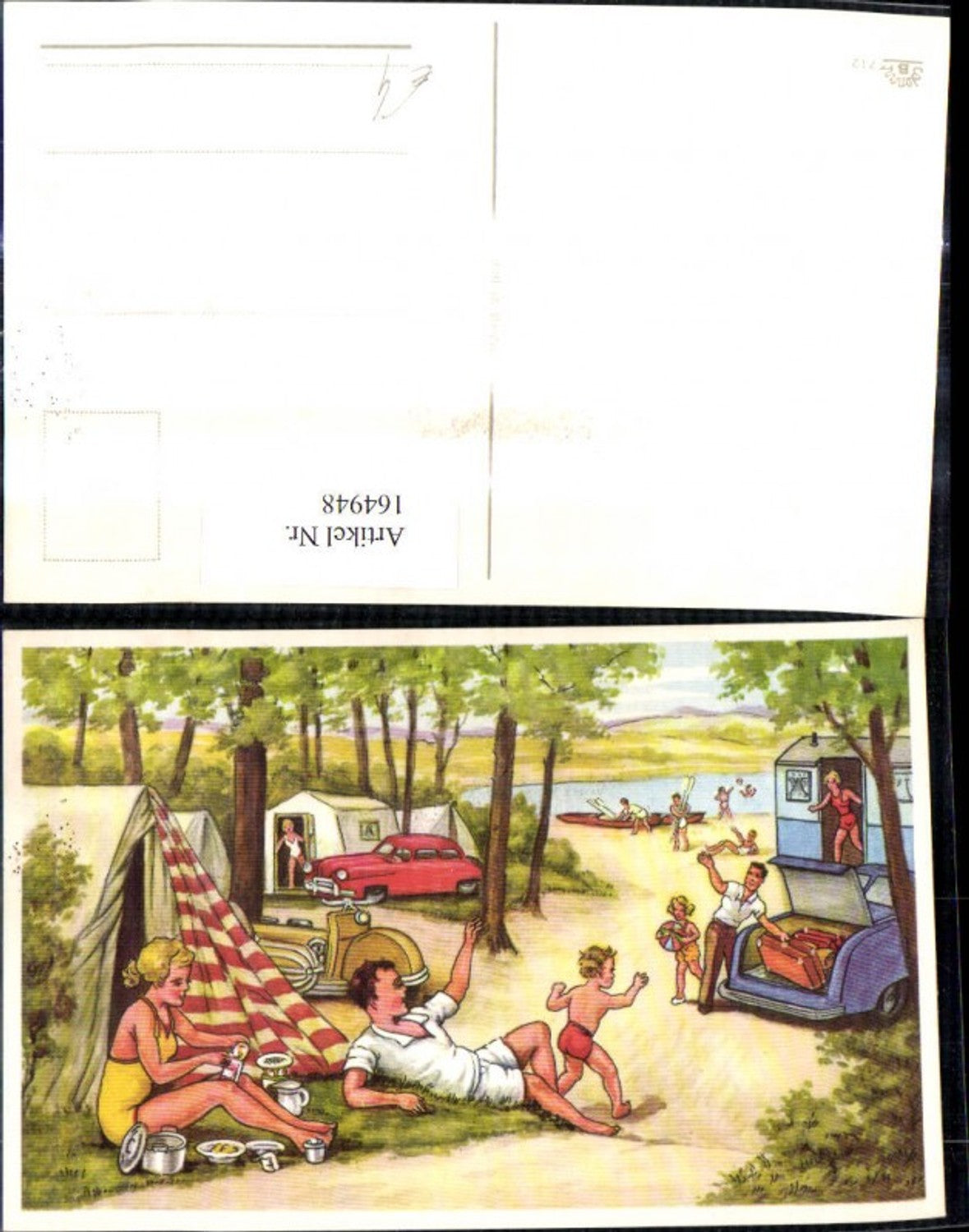 164948,Künstler Ak Szene a. Campingplatz Kinder Zelt Auto Camping