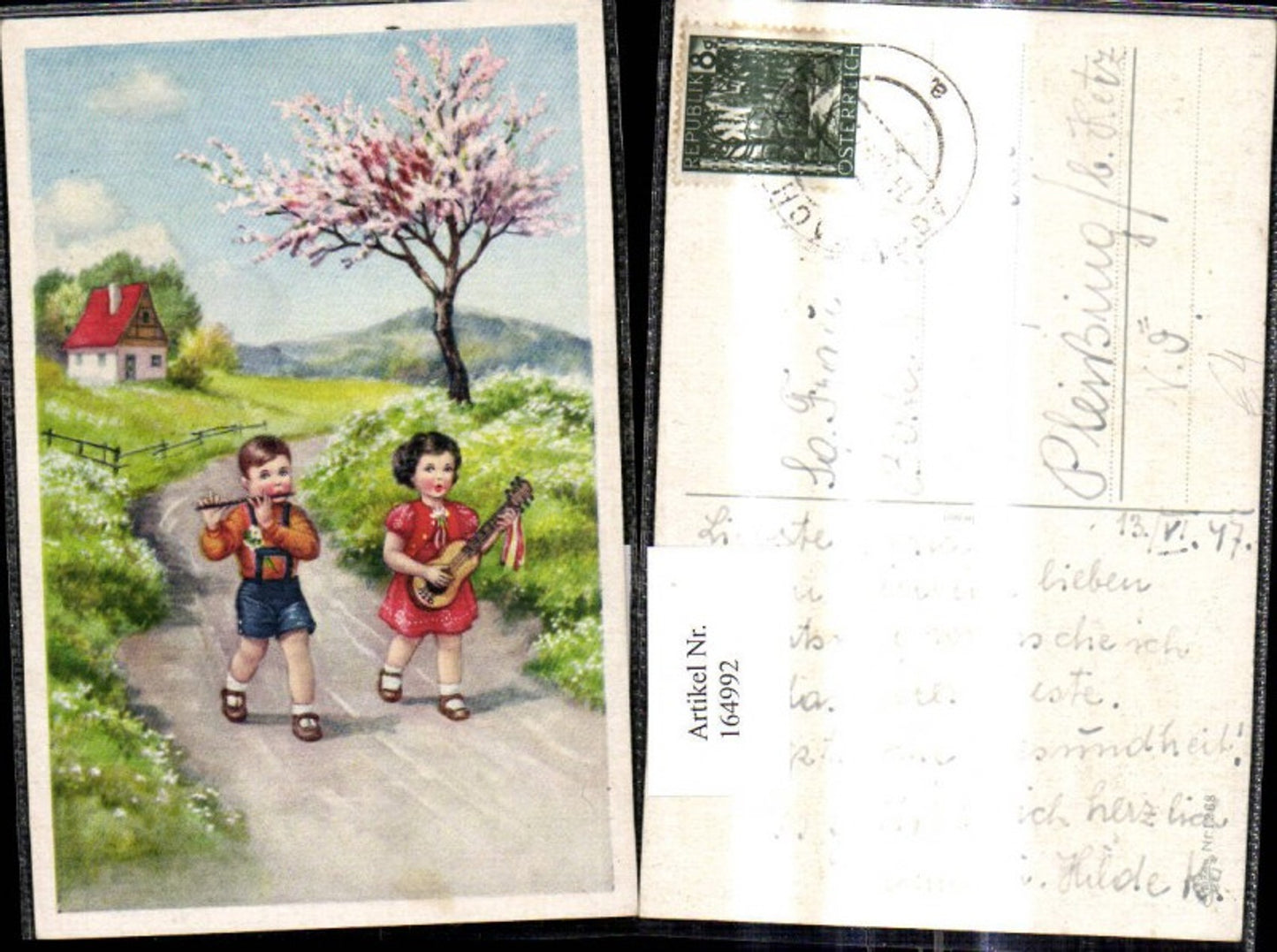 164992,Künstler Ak Kinder Musizieren a. Weg Flöte Gitarre pub Erika 1268